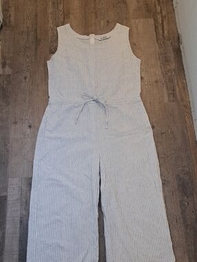 Kleio Sleeveless Striped Cotton Jumpsuit in Light Blue and White